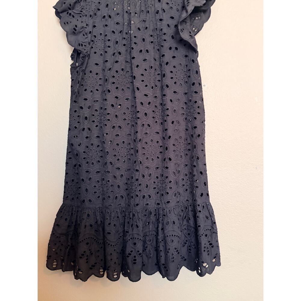 H&M Button Front Ruffle Hem Eyelet Lace Cap Sleeve Mini Dress Black XS - Picture 8 of 12